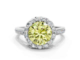 White gold Fancy Yellow Round Cut Diamond Floral Halo Ring with Pavé Band and Prong Setting_7