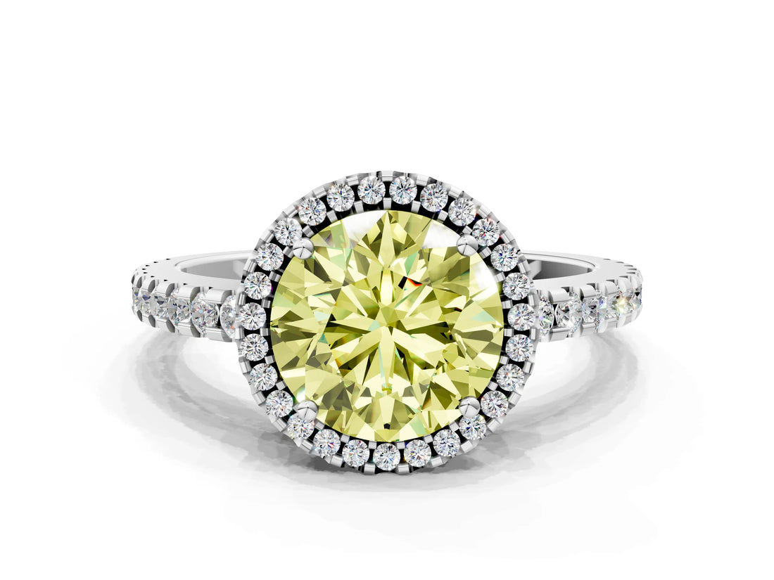 White gold Fancy Yellow Round Cut Diamond Halo Engagement Ring with Pavé Band and Prong Setting_51
