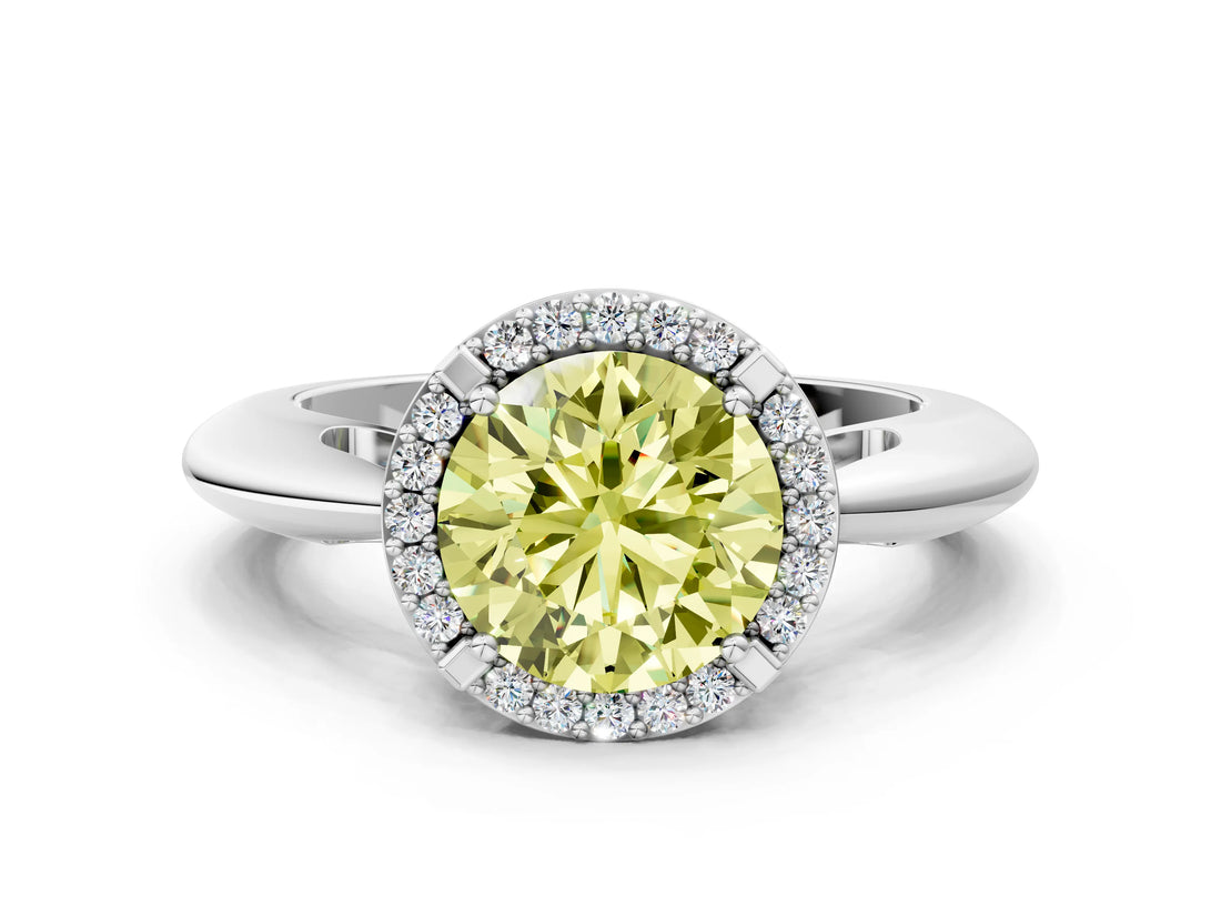 White gold Fancy Yellow Round  Cut Diamond Halo Engagement Ring with Split Shank and Four-Prong Setting_29