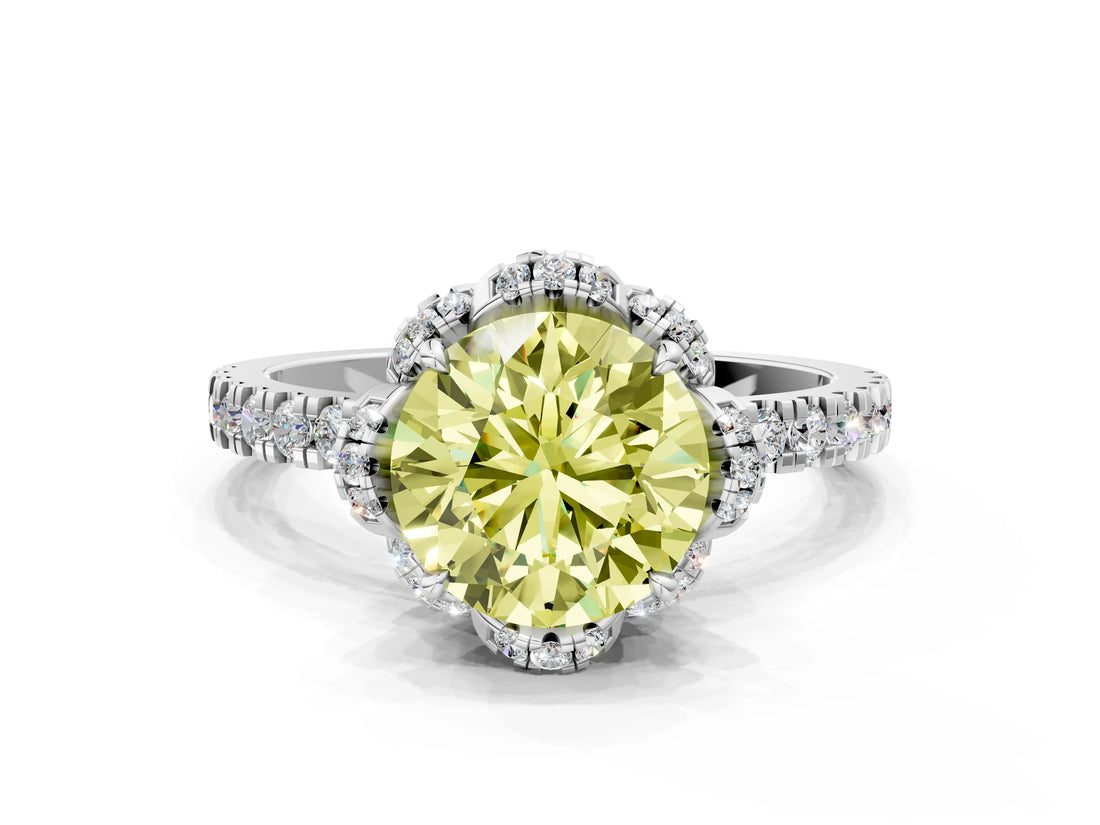 White gold Fancy Yellow Round Cut Diamond Halo Pave Band with Four-Prong Setting_3