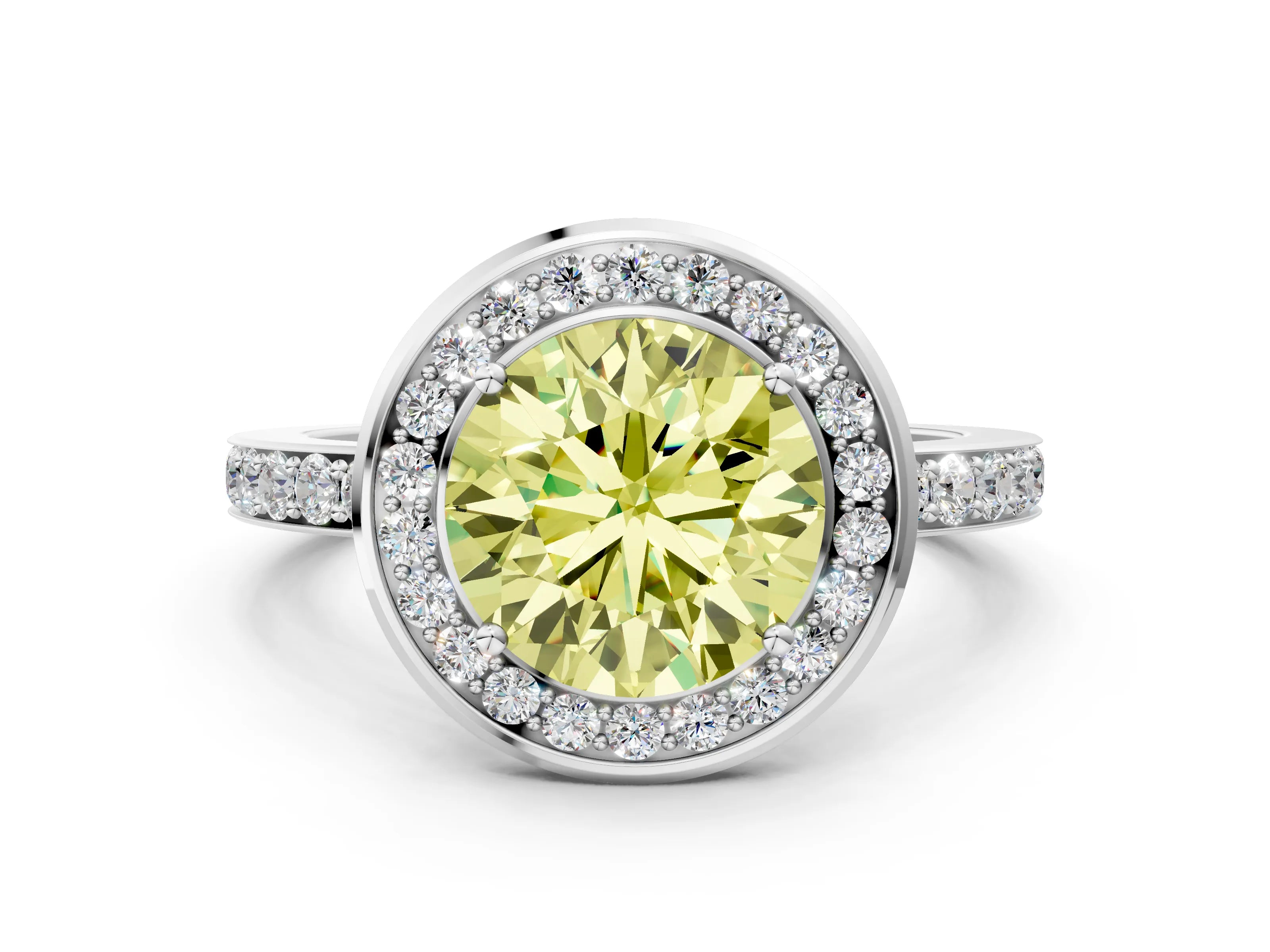 White gold Fancy Yellow Round Cut Diamond Halo Ring with Bezel Frame and Pavé Band