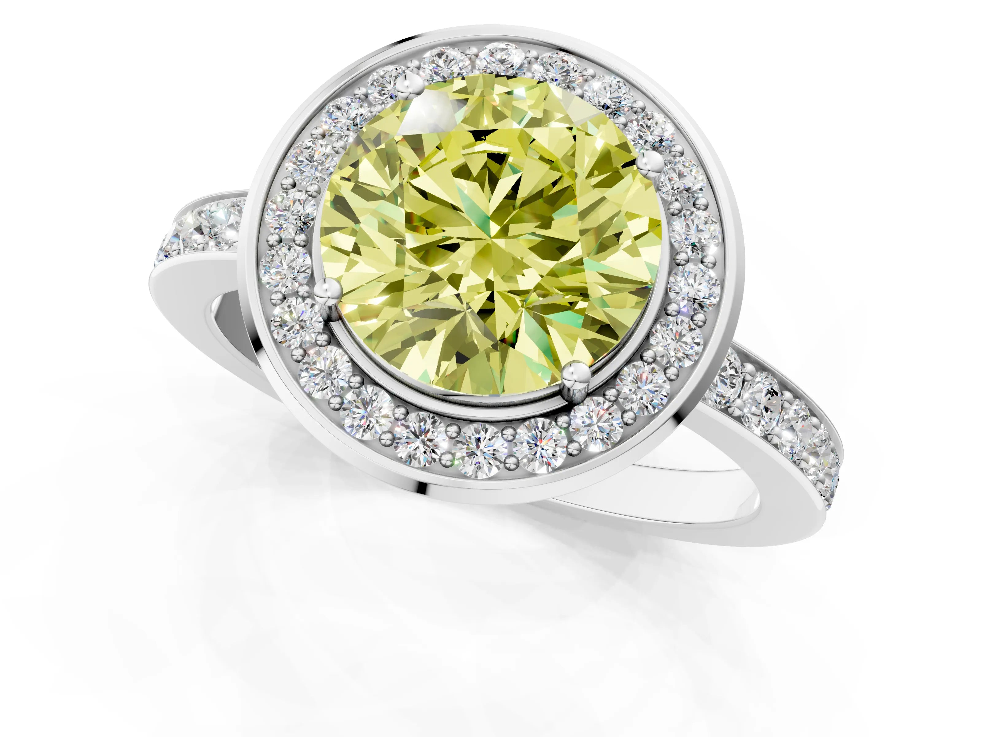 White gold Fancy Yellow Round Cut Diamond Halo Ring with Bezel Frame and Pavé Band_1