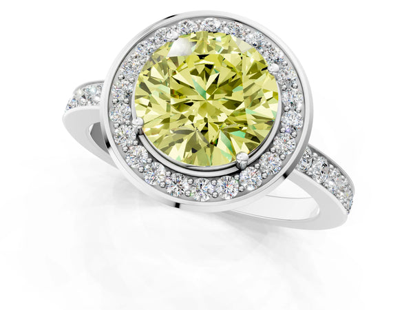 White gold Fancy Yellow Round Cut Diamond Halo Ring with Bezel Frame and Pavé Band