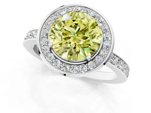 White gold Fancy Yellow Round Cut Diamond Halo Ring with Bezel Frame and Pavé Band_1