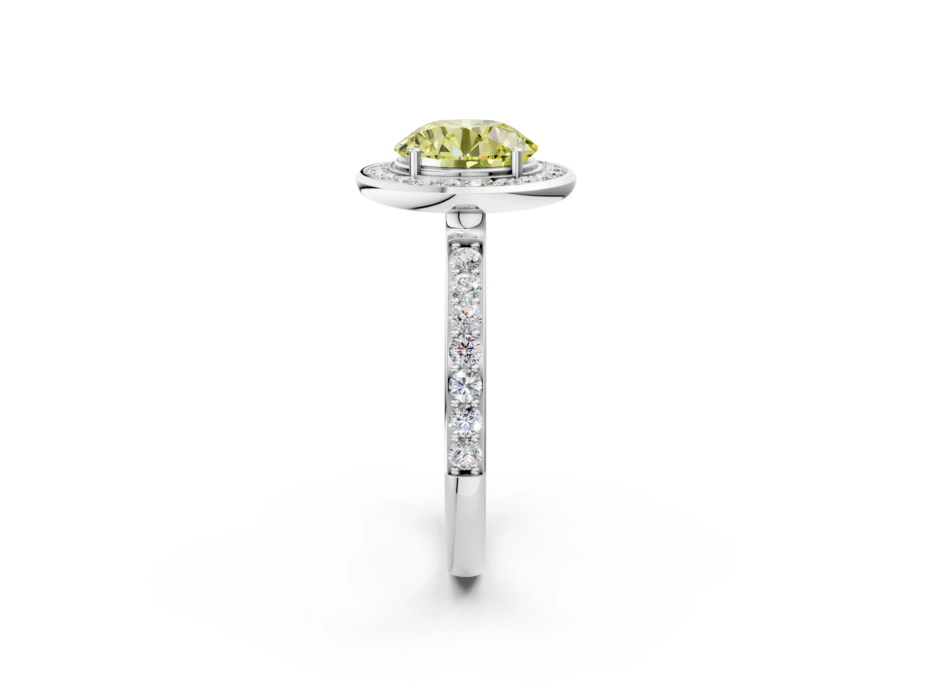 White gold Fancy Yellow Round Cut Diamond Halo Ring with Bezel Frame and Pavé Band_2