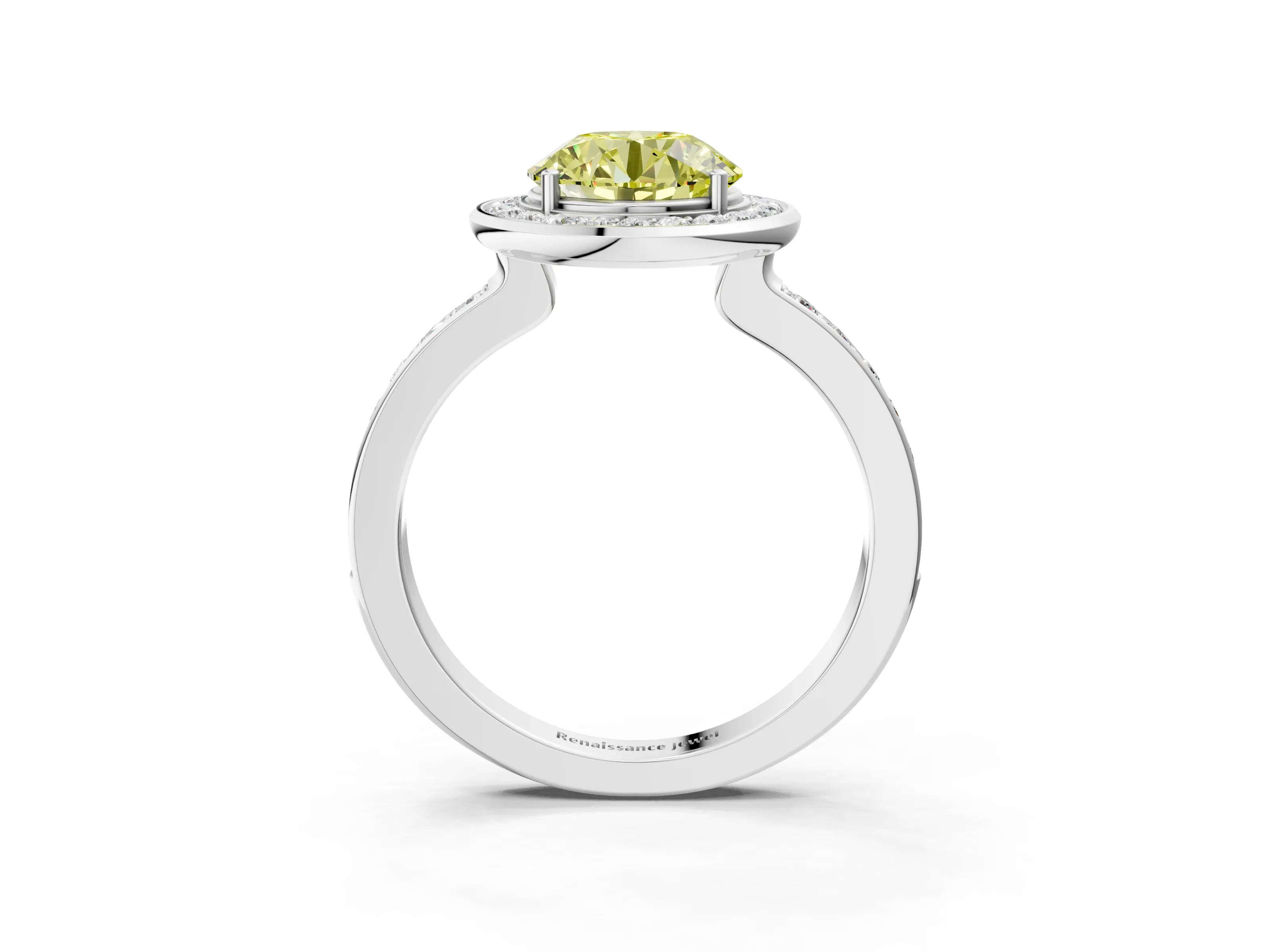 White gold Fancy Yellow Round Cut Diamond Halo Ring with Bezel Frame and Pavé Band_3