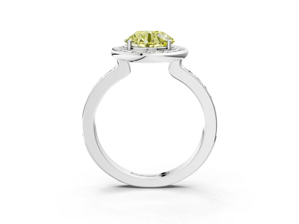 White gold Fancy Yellow Round Cut Diamond Halo Ring with Bezel Frame and Pavé Band