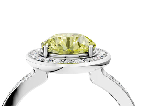 White gold Fancy Yellow Round Cut Diamond Halo Ring with Bezel Frame and Pavé Band_4