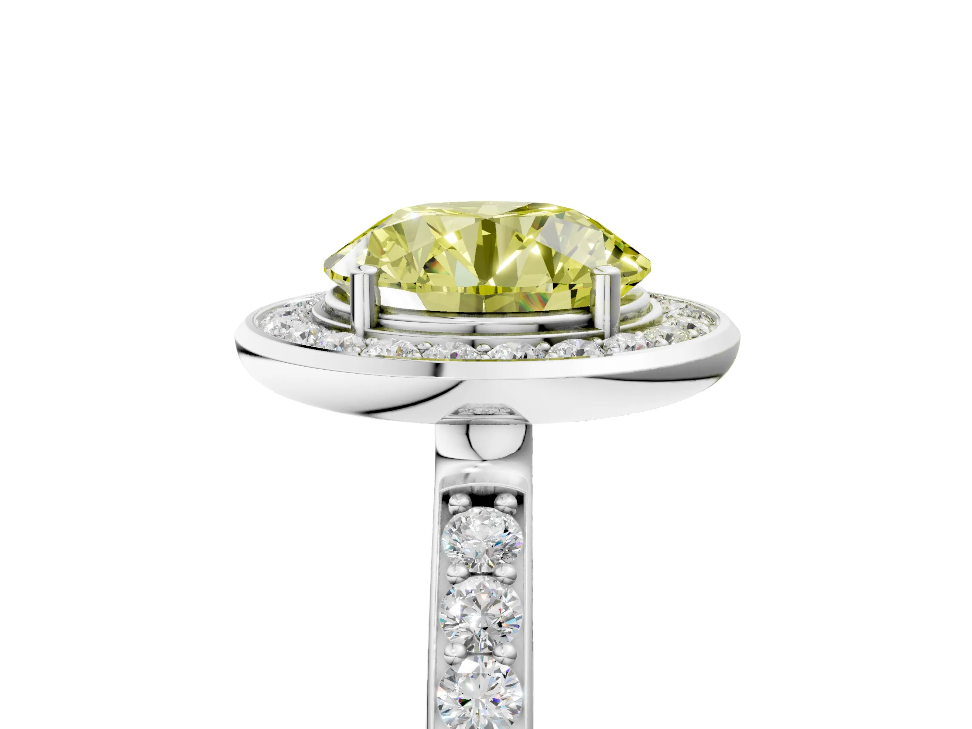 White gold Fancy Yellow Round Cut Diamond Halo Ring with Bezel Frame and Pavé Band_5