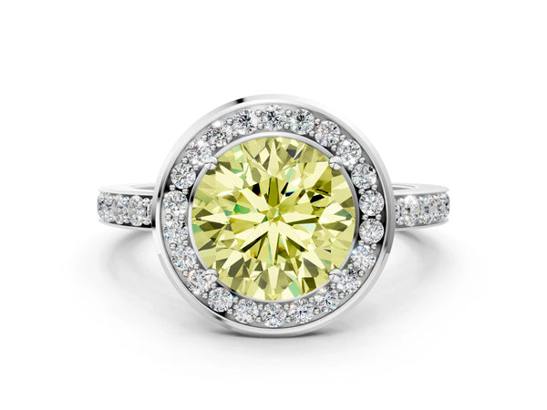 White gold Fancy Yellow Round Cut Diamond Halo Ring with Bezel Frame and Pavé Band