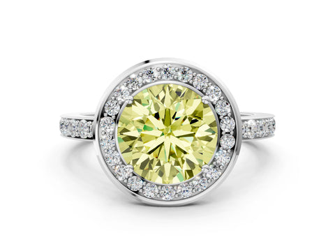 White gold Fancy Yellow Round Cut Diamond Halo Ring with Bezel Frame and Pavé Band
