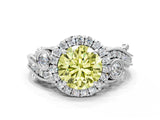 White gold Fancy Yellow Round Cut Diamond Halo Ring with Milgrain Pavé Band and Four-Prong Setting_29