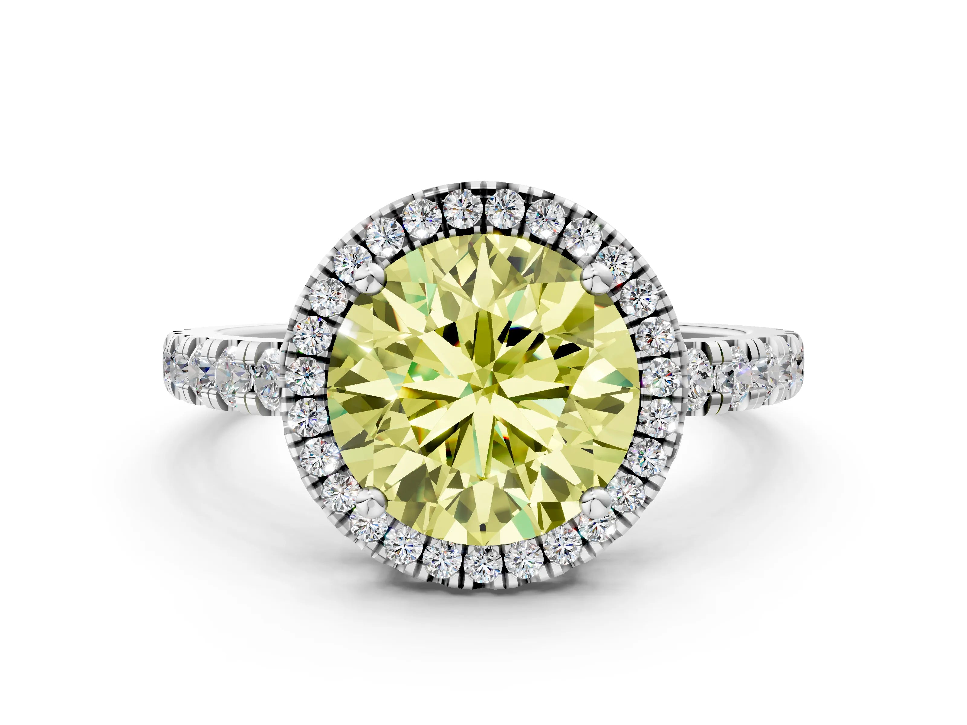 White gold Fancy Yellow Round Cut Diamond Halo Ring with Pavé Band and Four-Prong Setting_12