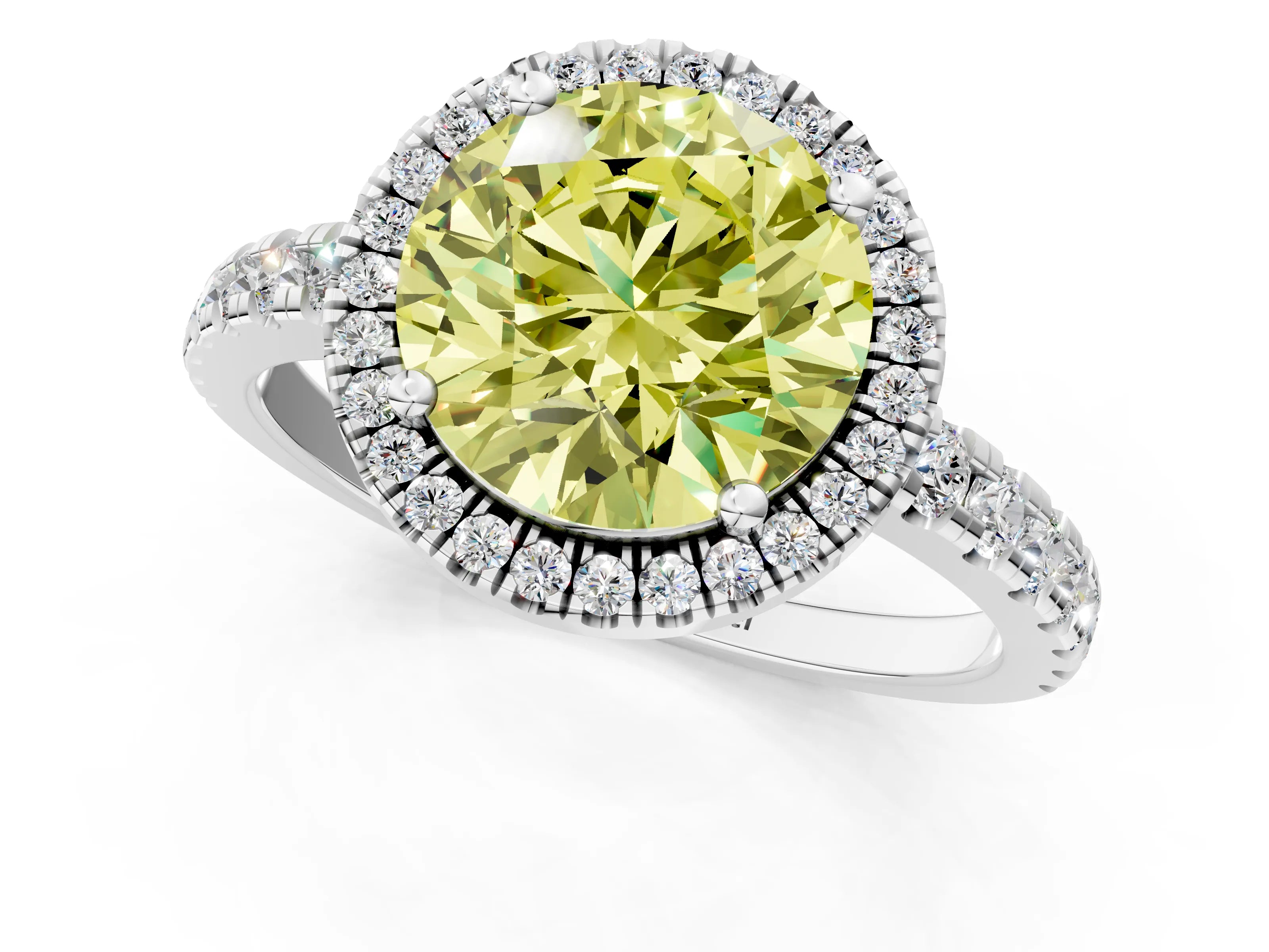 White gold Fancy Yellow Round Cut Diamond Halo Ring with Pavé Band and Four-Prong Setting_13