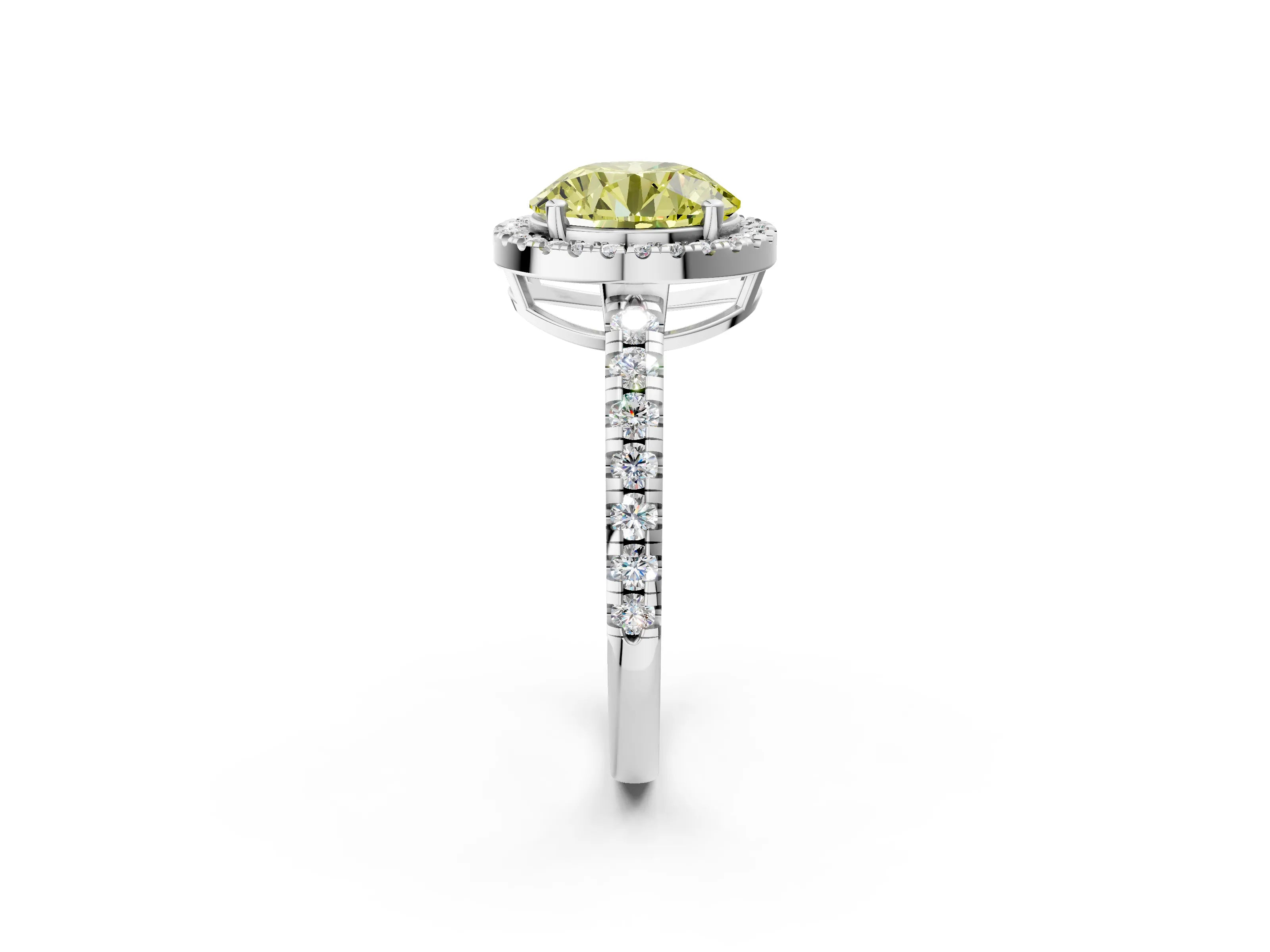 White gold Fancy Yellow Round Cut Diamond Halo Ring with Pavé Band and Four-Prong Setting_14