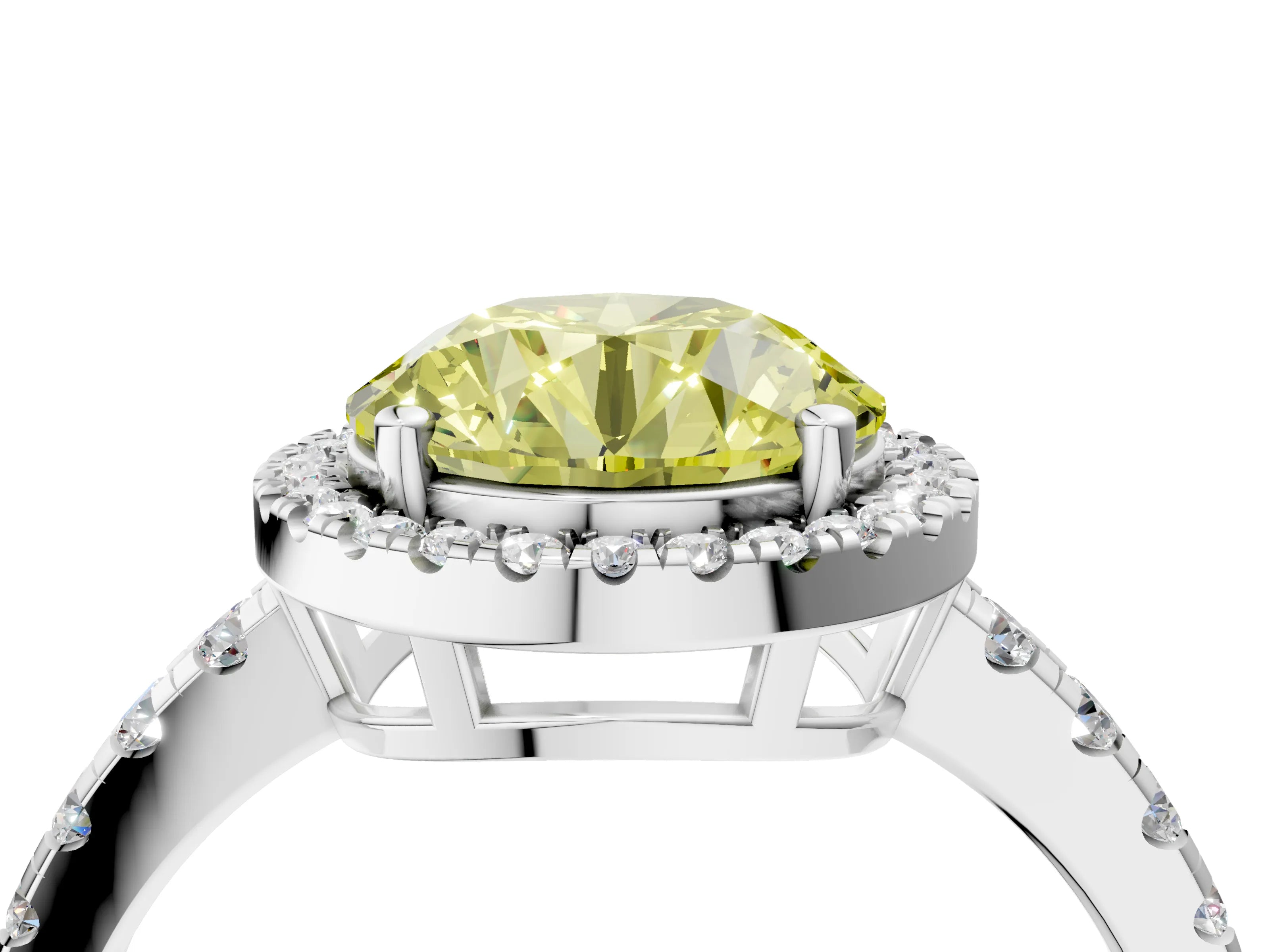 White gold Fancy Yellow Round Cut Diamond Halo Ring with Pavé Band and Four-Prong Setting_16