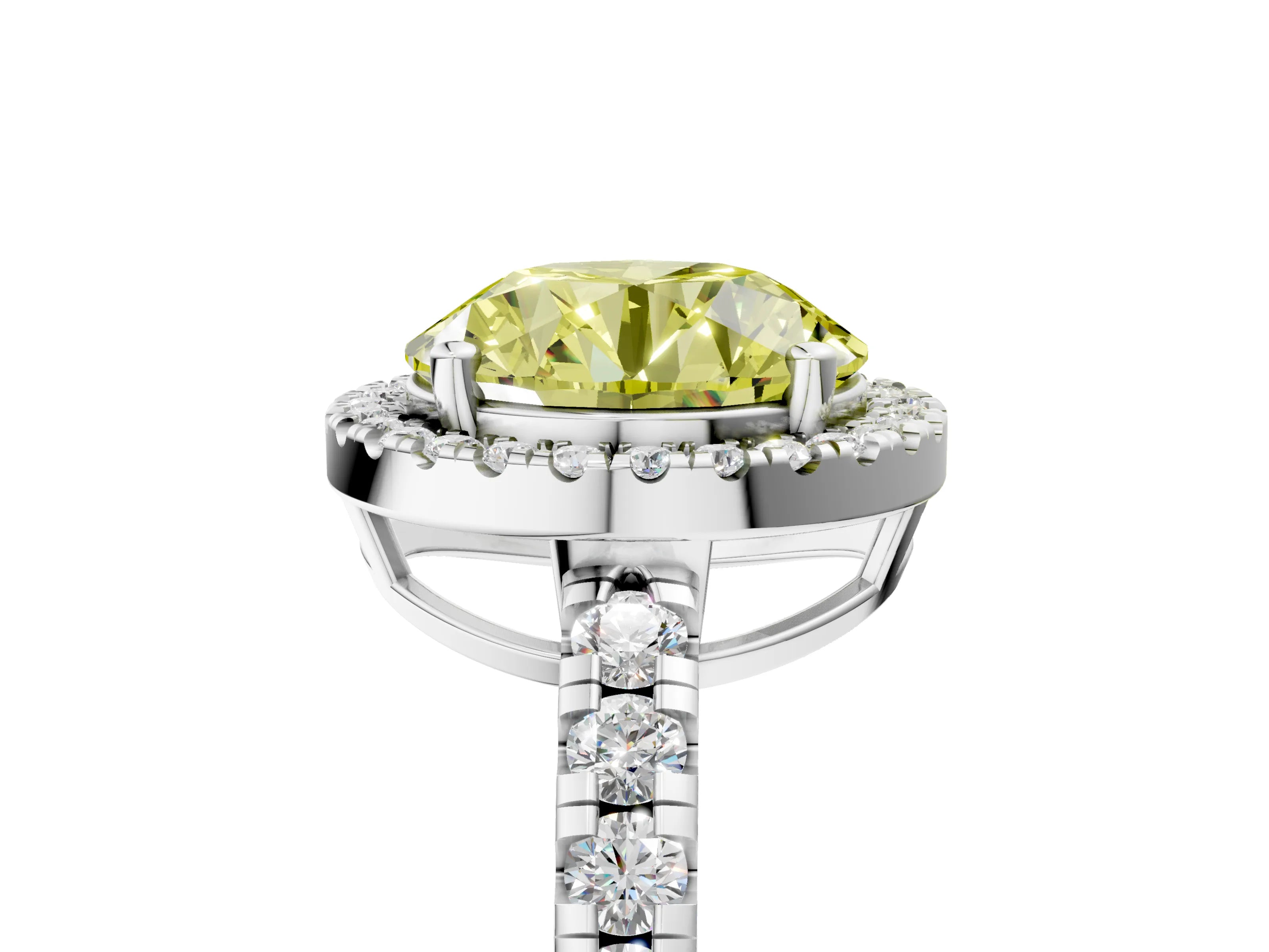 White gold Fancy Yellow Round Cut Diamond Halo Ring with Pavé Band and Four-Prong Setting_17