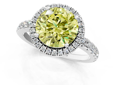 White gold Fancy Yellow Round Cut Diamond Halo Ring with Pavé Band and Four-Prong Setting_1