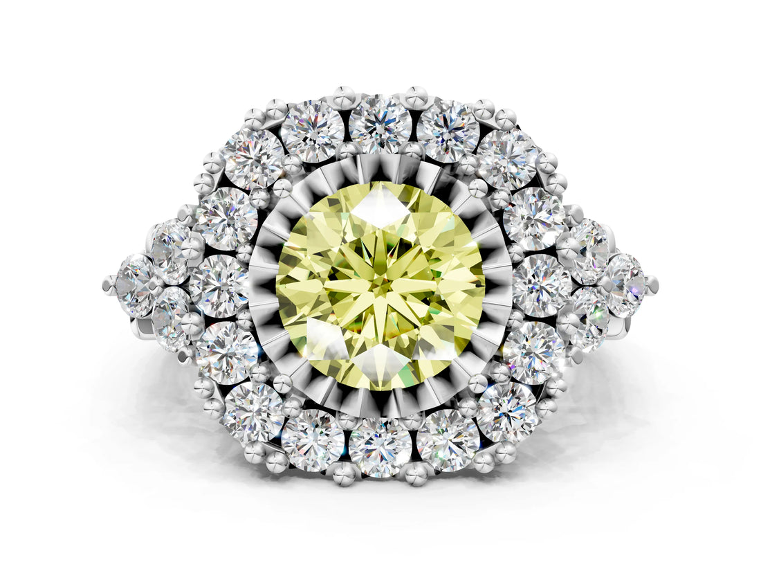 White gold Fancy Yellow Round Cut Diamond Halo Ring with Pavé Band and Four-Prong Setting_29