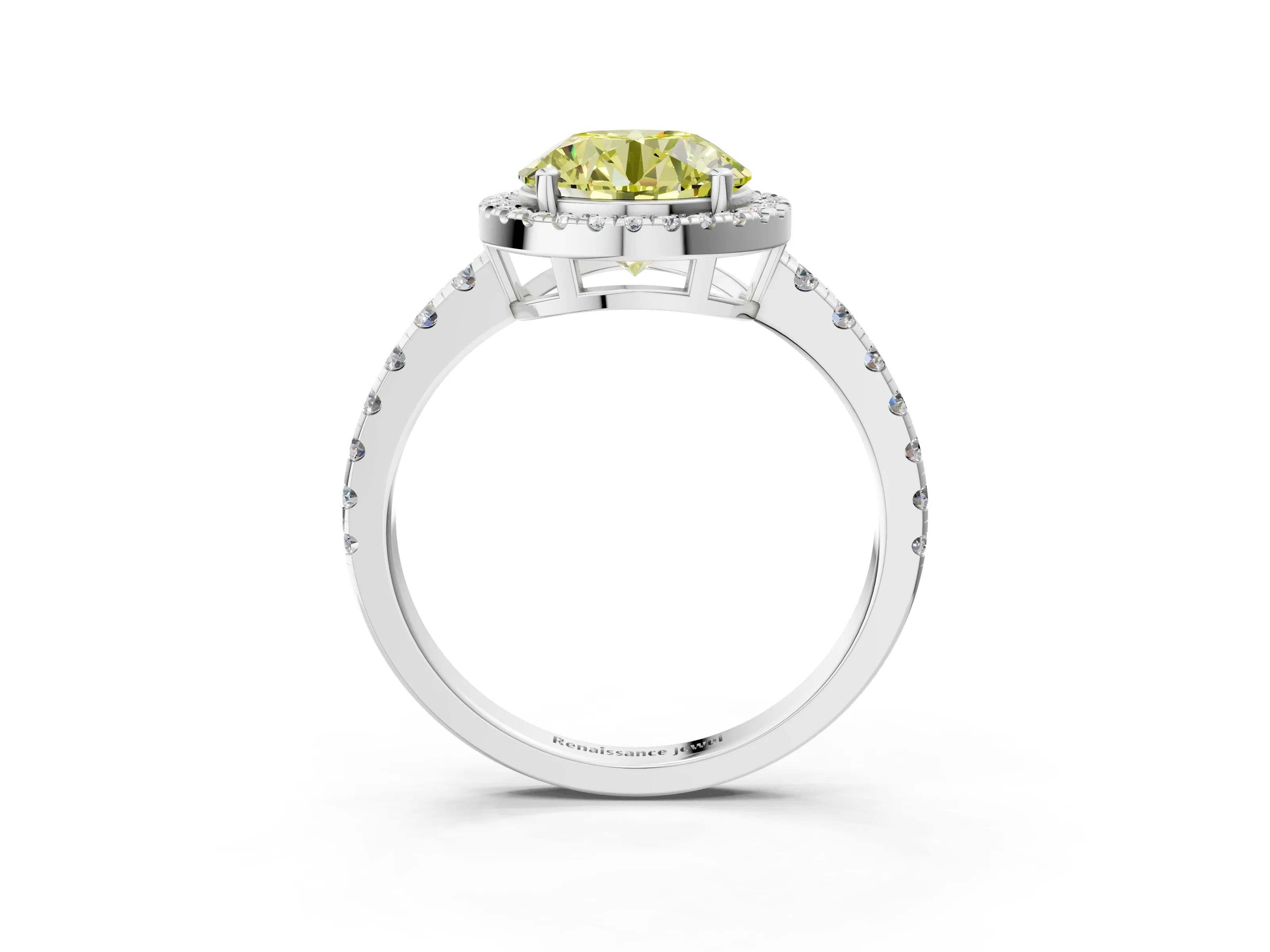White gold Fancy Yellow Round Cut Diamond Halo Ring with Pavé Band and Four-Prong Setting_3