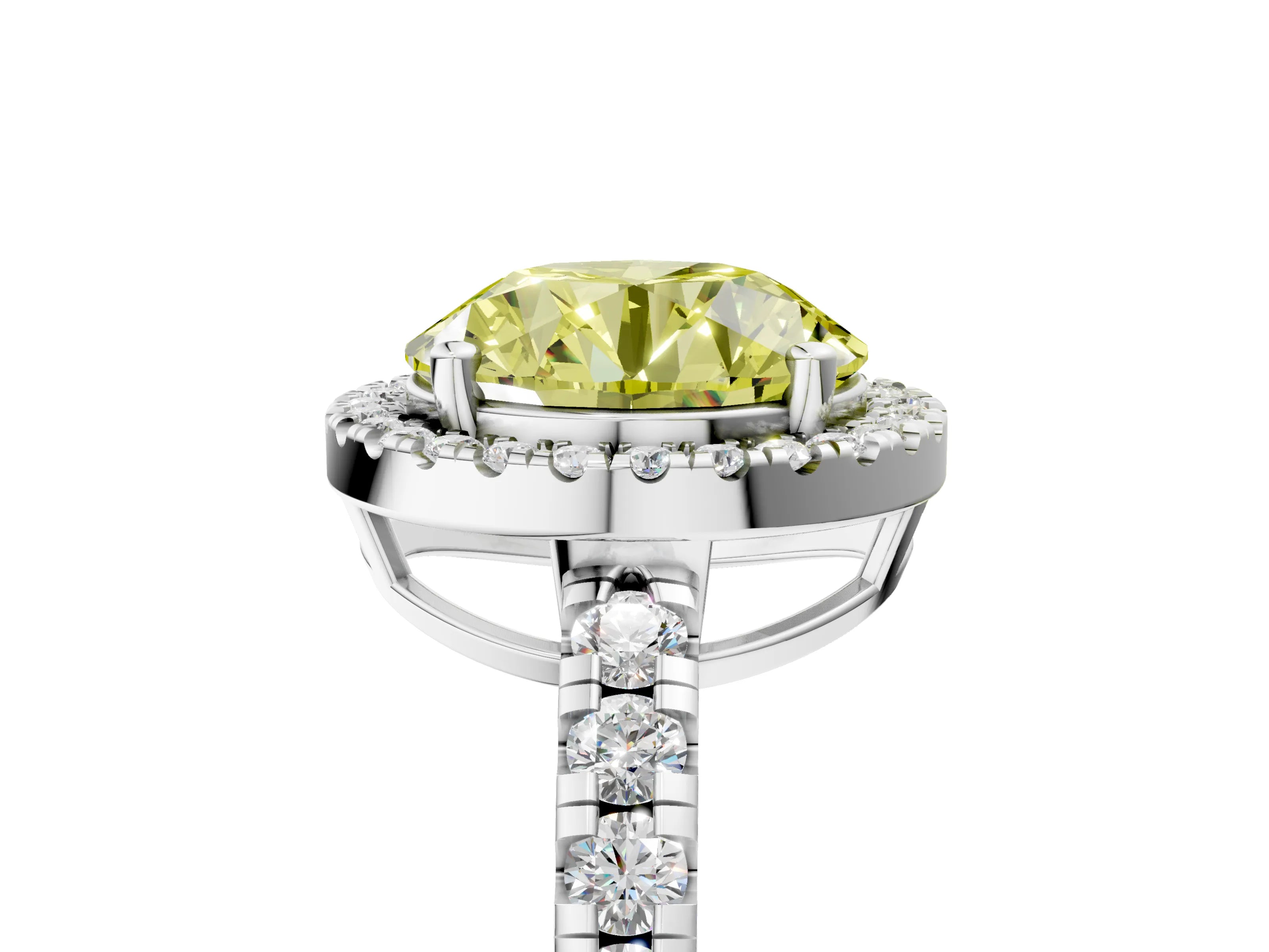 White gold Fancy Yellow Round Cut Diamond Halo Ring with Pavé Band and Four-Prong Setting_5