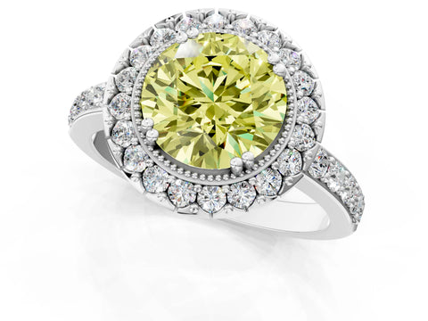 White gold Fancy Yellow Round Cut Diamond Halo Ring with Pavé Band and Prong Setting_11