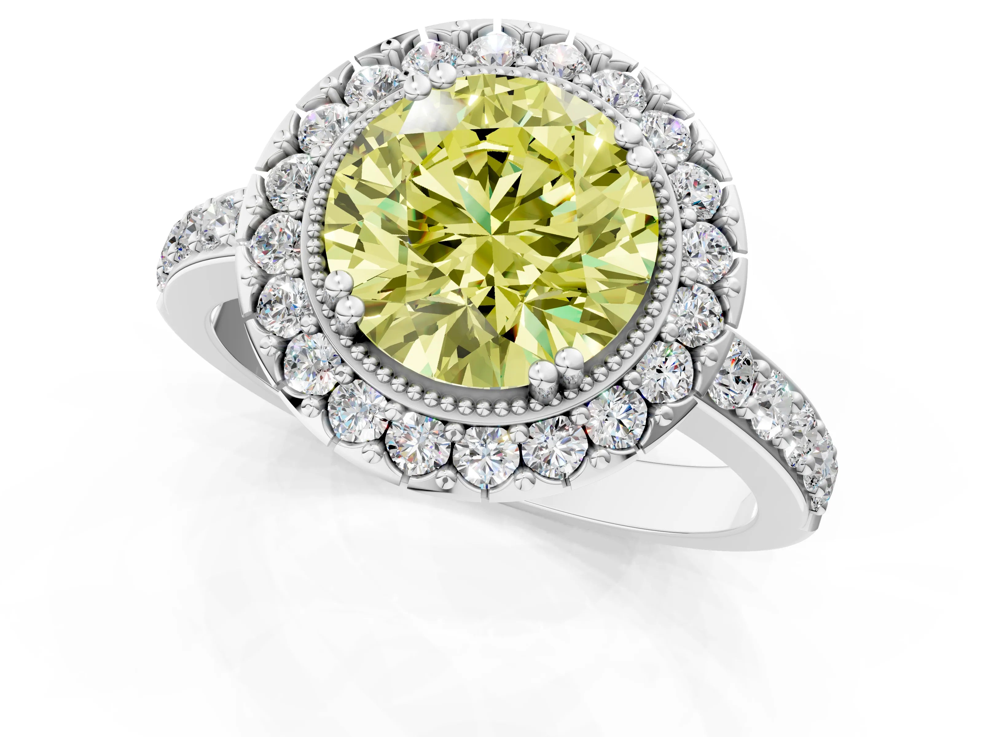 White gold Fancy Yellow Round Cut Diamond Halo Ring with Pavé Band and Prong Setting_1