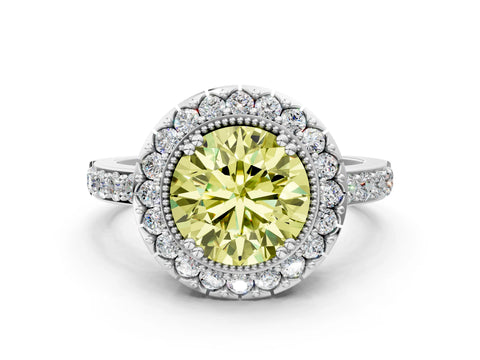 White gold Fancy Yellow Round Cut Diamond Halo Ring with Pavé Band and Prong Setting_24