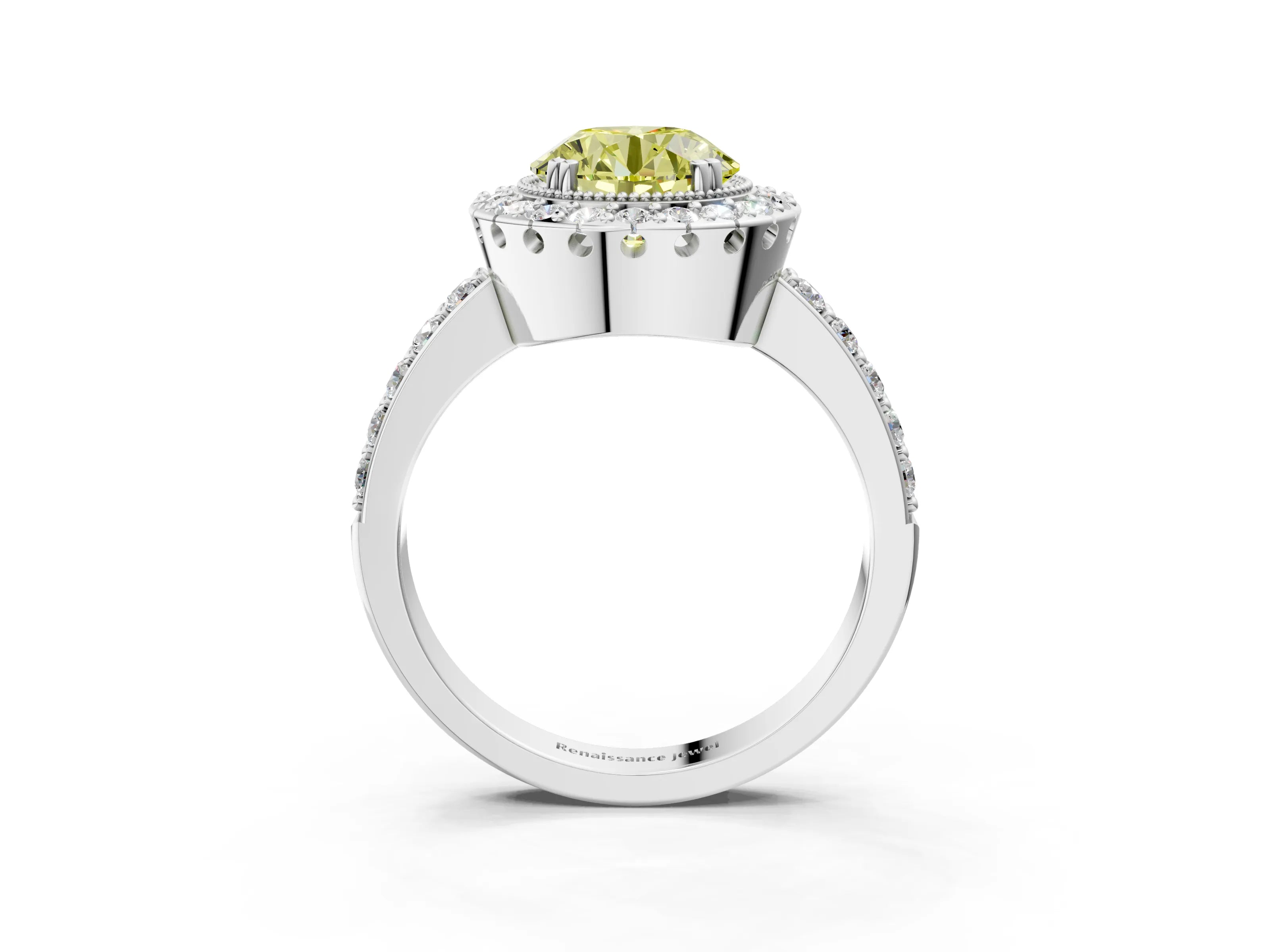 White gold Fancy Yellow Round Cut Diamond Halo Ring with Pavé Band and Prong Setting_3