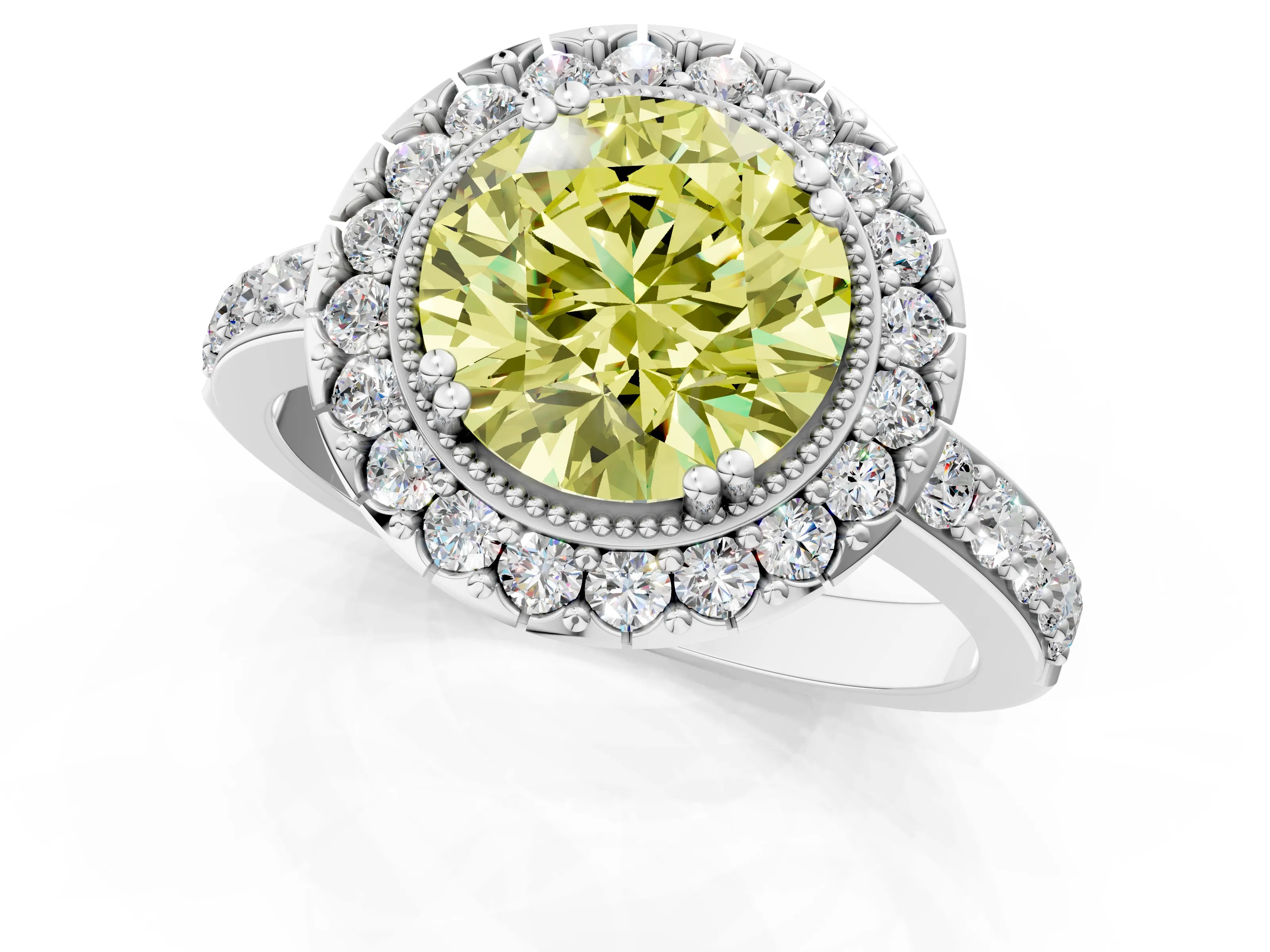 White gold Fancy Yellow Round Cut Diamond Halo Ring with Pavé Band and Prong Setting_35