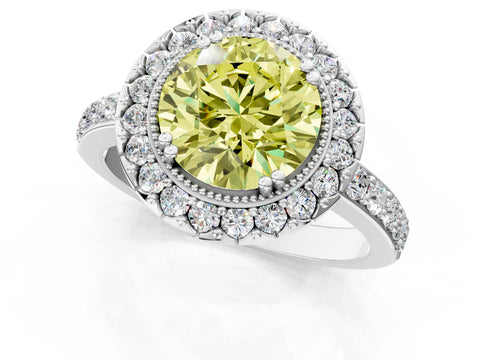 White gold Fancy Yellow Round Cut Diamond Halo Ring with Pavé Band and Prong Setting_35