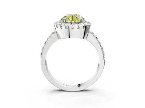 White gold Fancy Yellow Round Cut Diamond Halo Ring with Pavé Band and Prong Setting_37