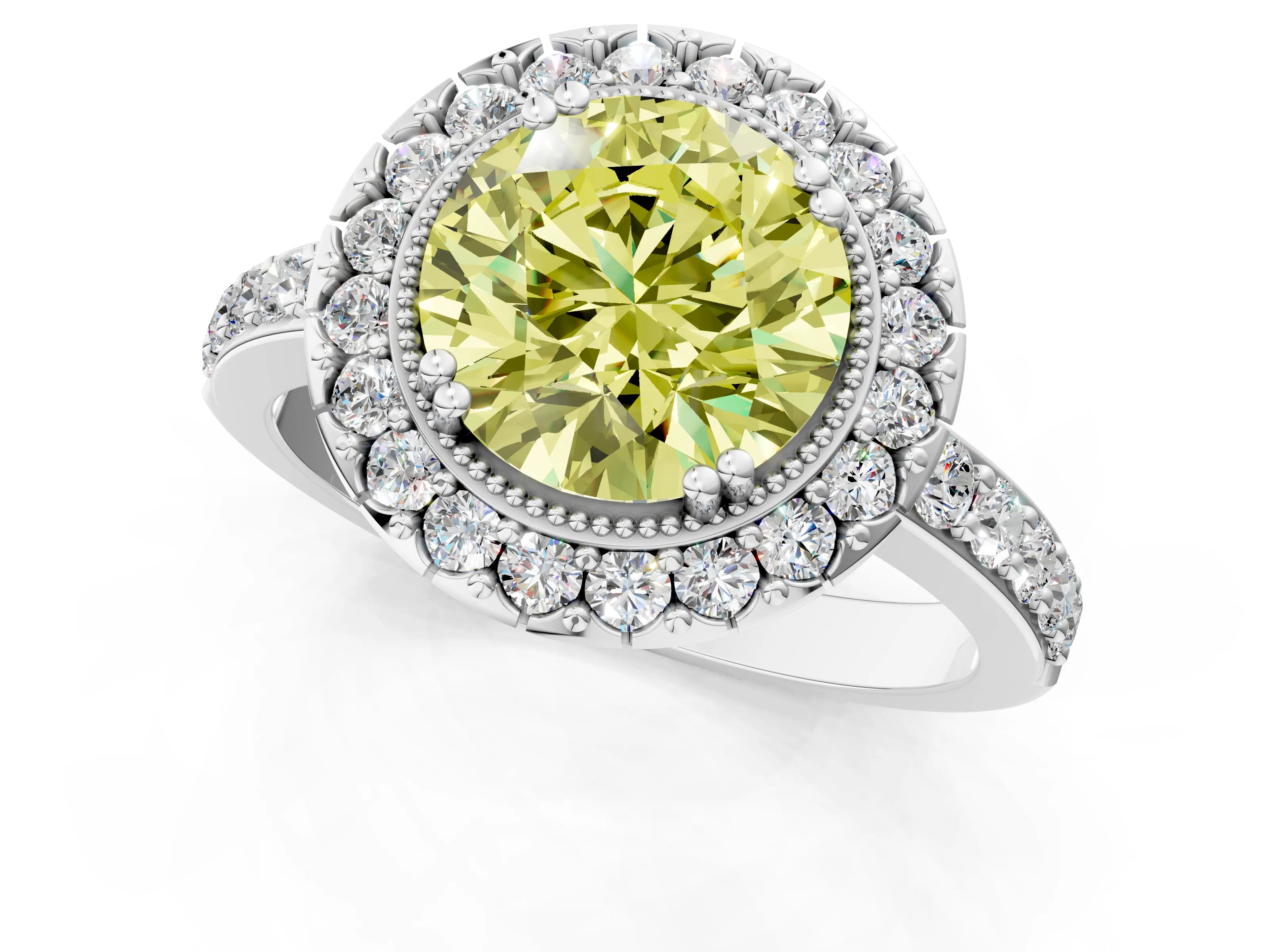 White gold Fancy Yellow Round Cut Diamond Halo Ring with Pavé Band and Prong Setting_50