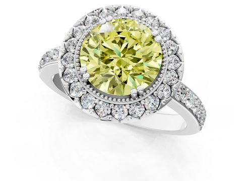 White gold Fancy Yellow Round Cut Diamond Halo Ring with Pavé Band and Prong Setting_50