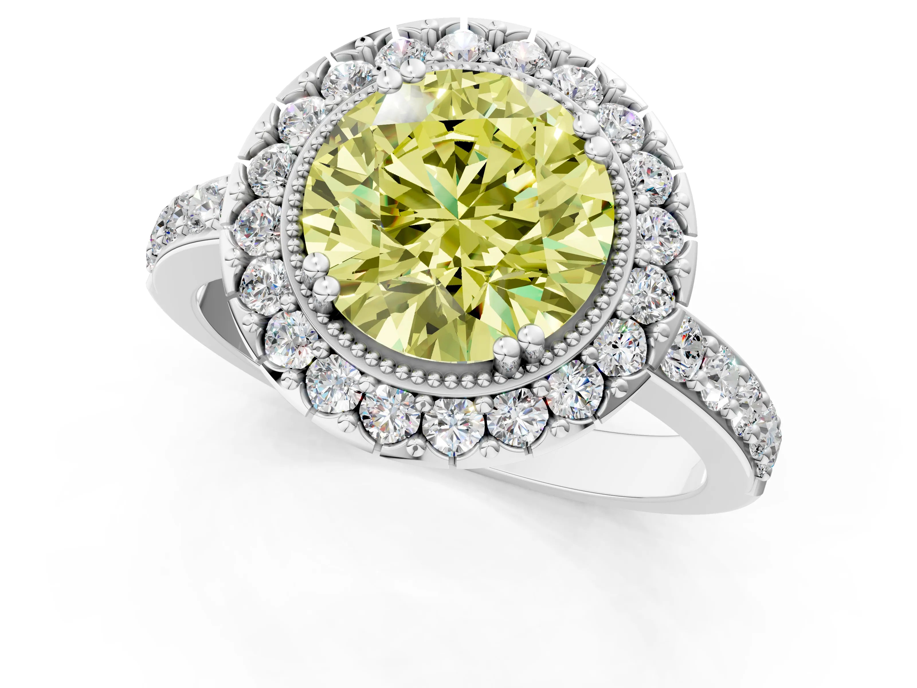 White gold Fancy Yellow Round Cut Diamond Halo Ring with Pavé Band and Prong Setting_61