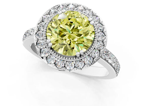 White gold Fancy Yellow Round Cut Diamond Halo Ring with Pavé Band and Prong Setting_61