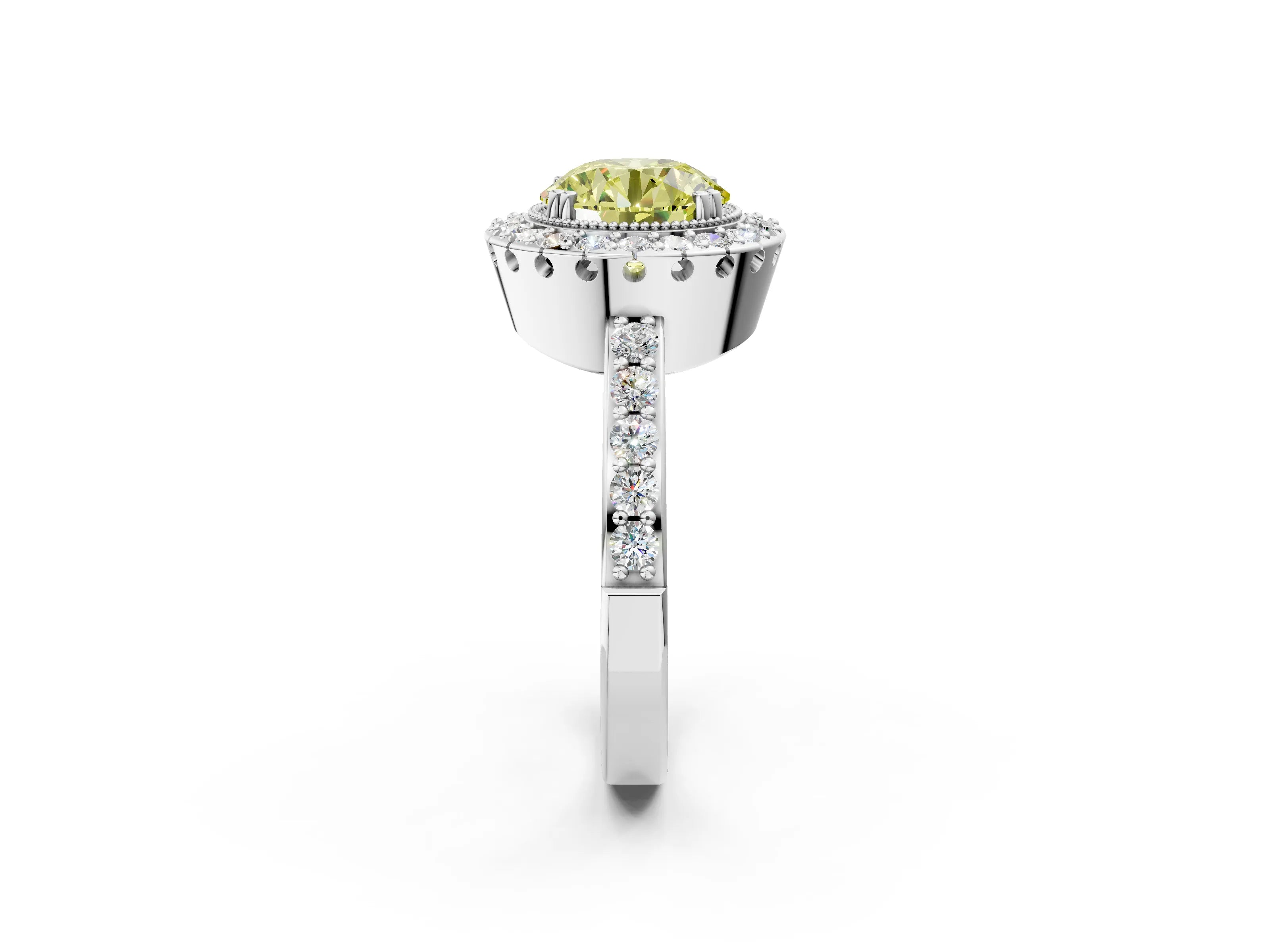 White gold Fancy Yellow Round Cut Diamond Halo Ring with Pavé Band and Prong Setting_62