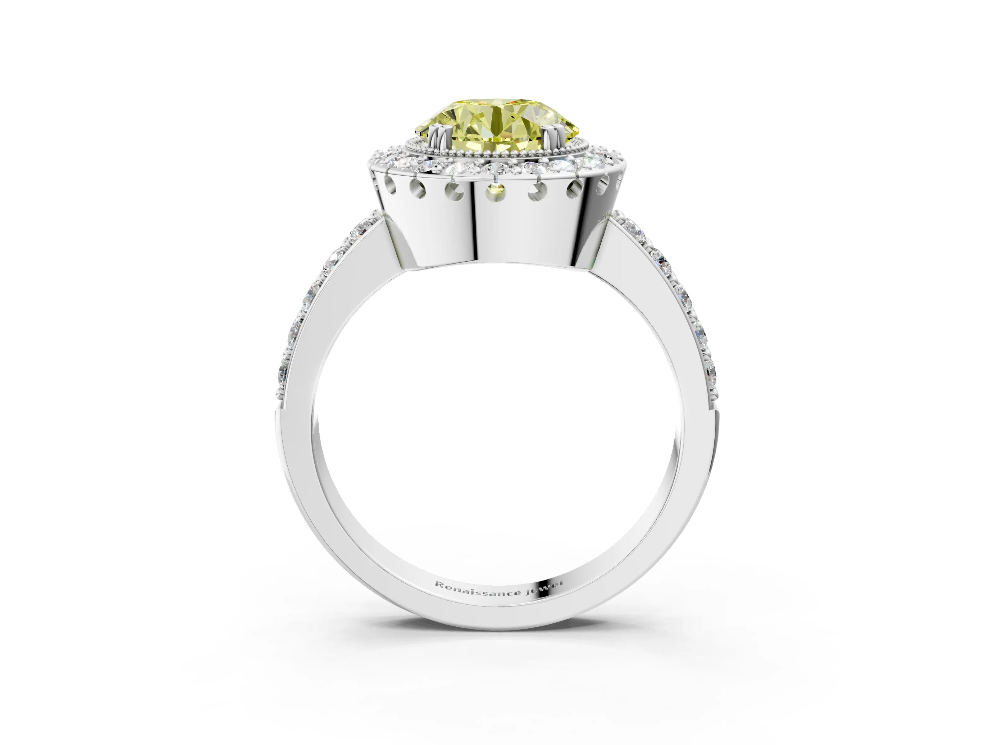 White gold Fancy Yellow Round Cut Diamond Halo Ring with Pavé Band and Prong Setting_63