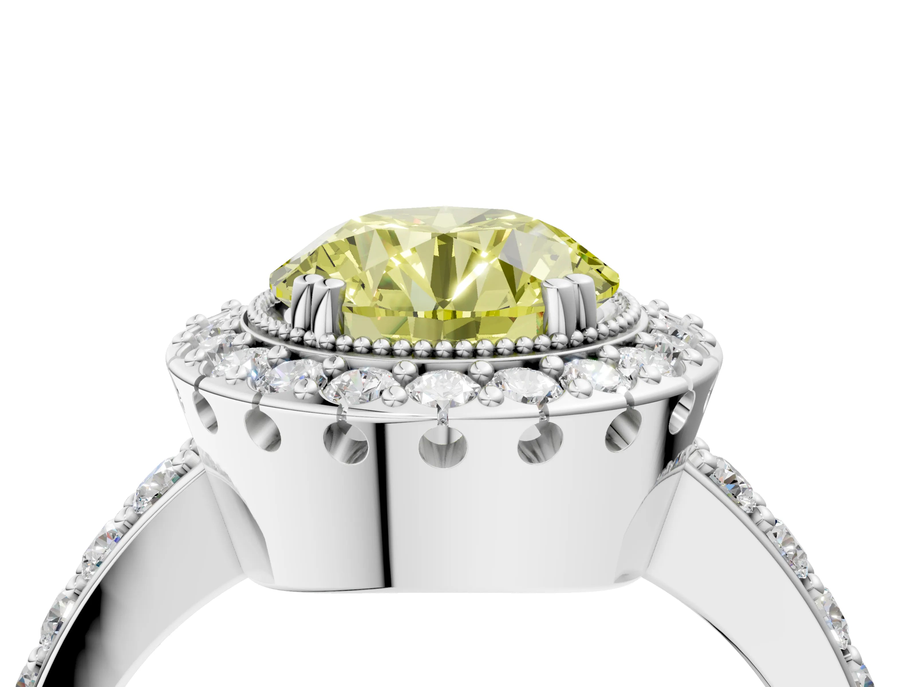 White gold Fancy Yellow Round Cut Diamond Halo Ring with Pavé Band and Prong Setting_64