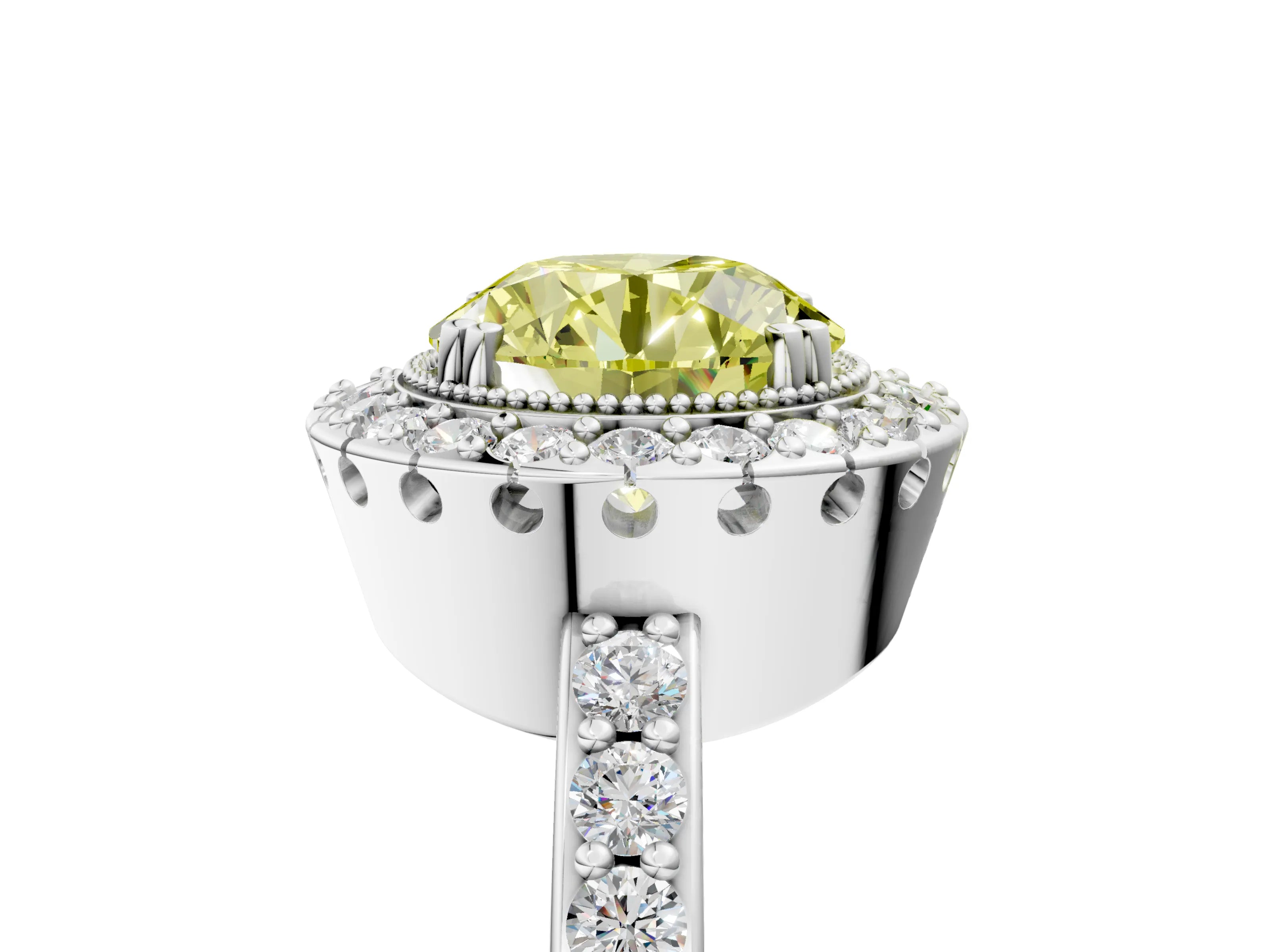 White gold Fancy Yellow Round Cut Diamond Halo Ring with Pavé Band and Prong Setting_65