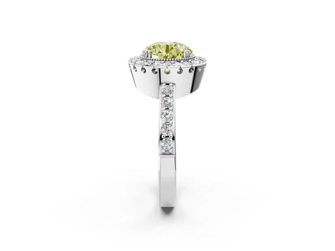White gold Fancy Yellow Round Cut Diamond Halo Ring with Pavé Band and Prong Setting_8