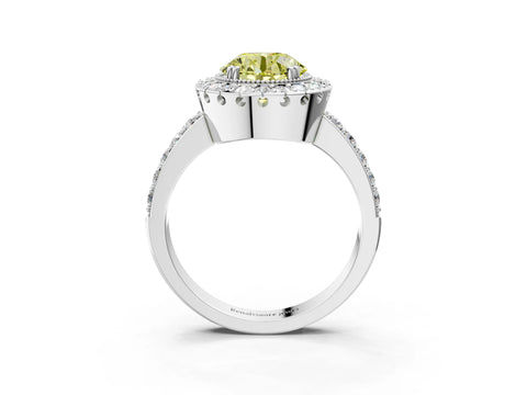 White gold Fancy Yellow Round Cut Diamond Halo Ring with Pavé Band and Prong Setting_9