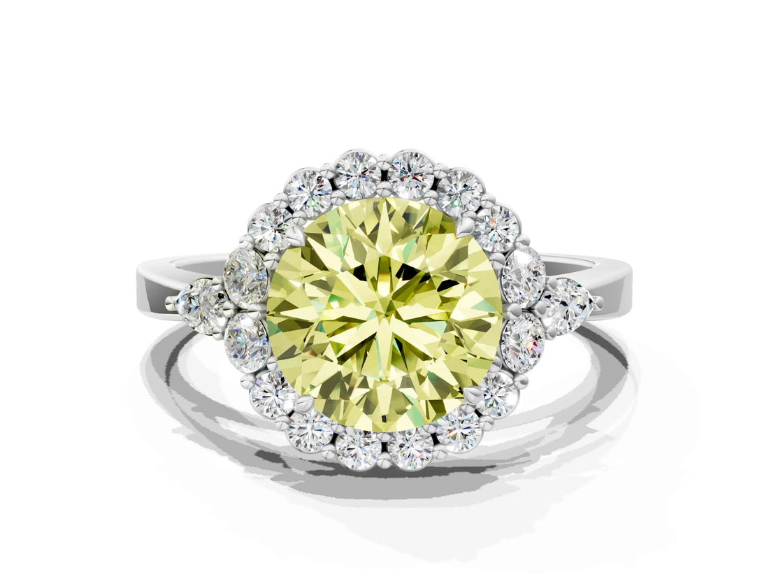 White gold Fancy Yellow Round Cut Diamond Halo Ring with Pear Side Stones and Prong Setting_41