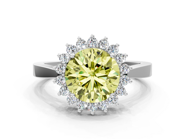 Platinum Fancy Yellow Round  Cut Diamond Halo Ring with Round Brilliant Halo and Solitaire Band