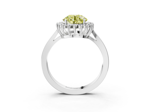 Platinum Fancy Yellow Round  Cut Diamond Halo Ring with Round Brilliant Halo and Solitaire Band
