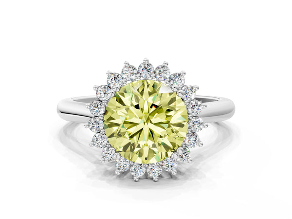 White gold Fancy Yellow Round  Cut Diamond Halo Ring with Solitaire Band and Prong Setting