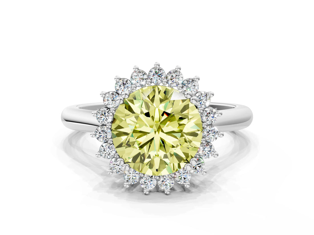 White gold Fancy Yellow Round  Cut Diamond Halo Ring with Solitaire Band and Prong Setting_29