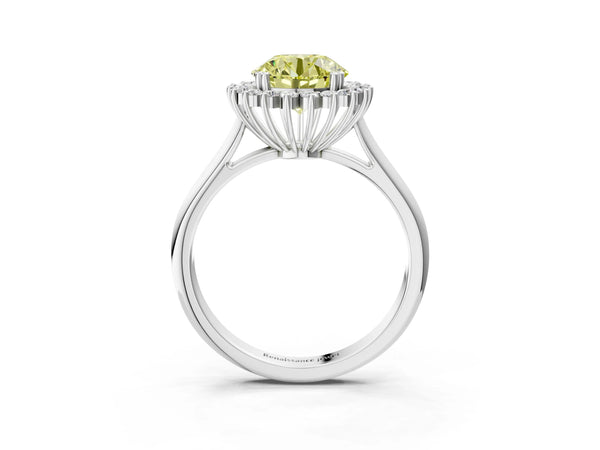 White gold Fancy Yellow Round  Cut Diamond Halo Ring with Solitaire Band and Prong Setting