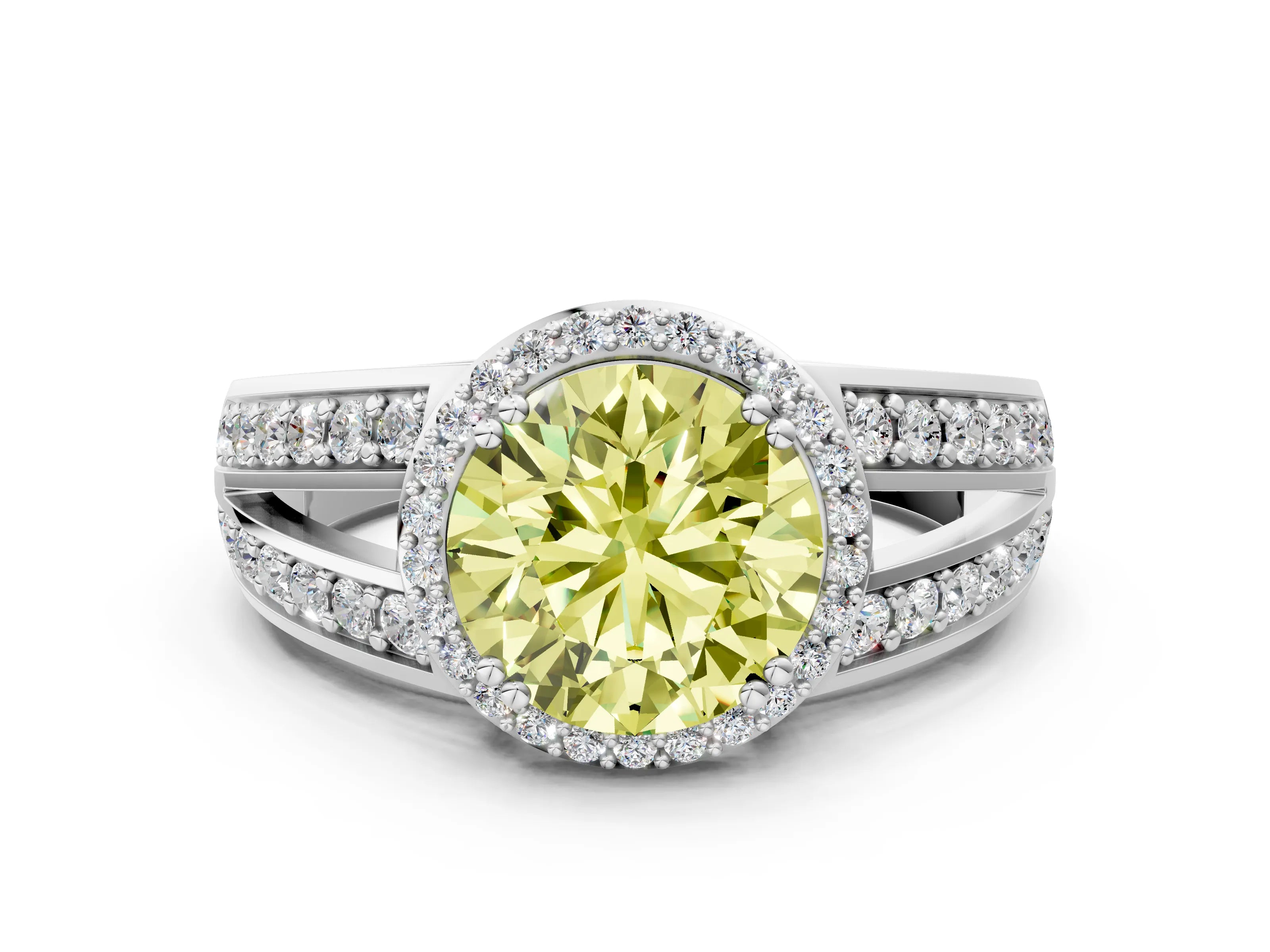 White gold Fancy Yellow Round Cut Diamond Halo Ring with Split Shank Pavé Band and Four-Prong Setting_12