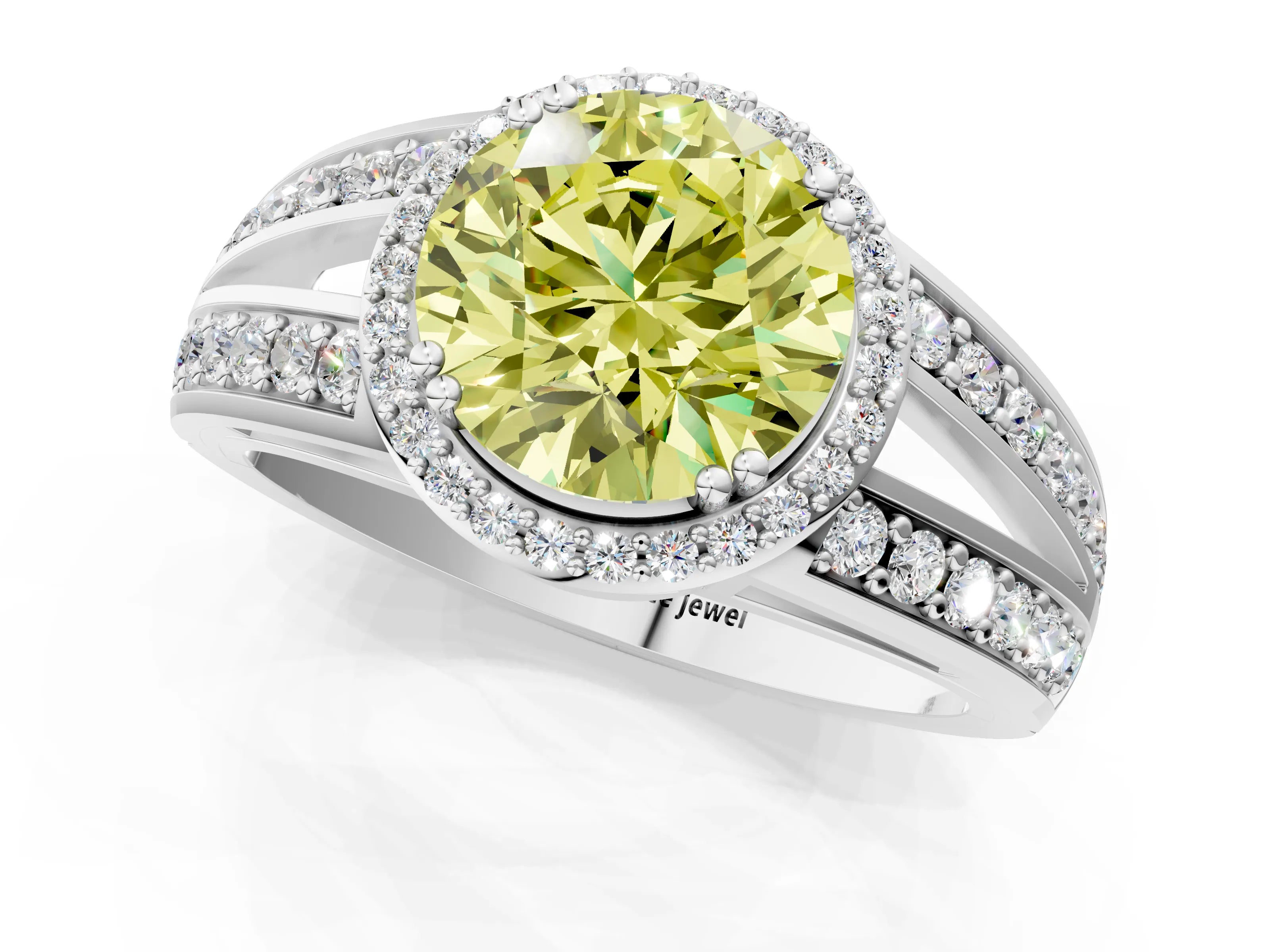 White gold Fancy Yellow Round Cut Diamond Halo Ring with Split Shank Pavé Band and Four-Prong Setting_13